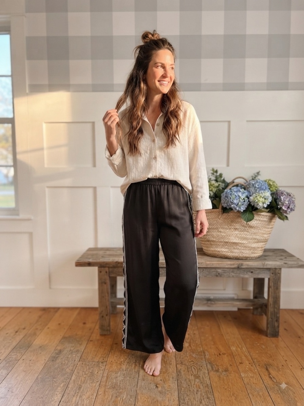 Black Wide-Leg Pants with Side Trim Large